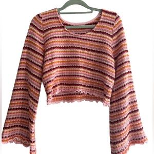 Altar’d State Striped Cropped Crochet Bell Sleeve Sweater Small